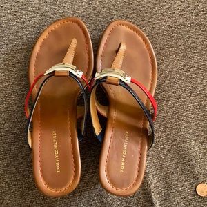 Red and blue Tommy Hilfiger wedged sandals.